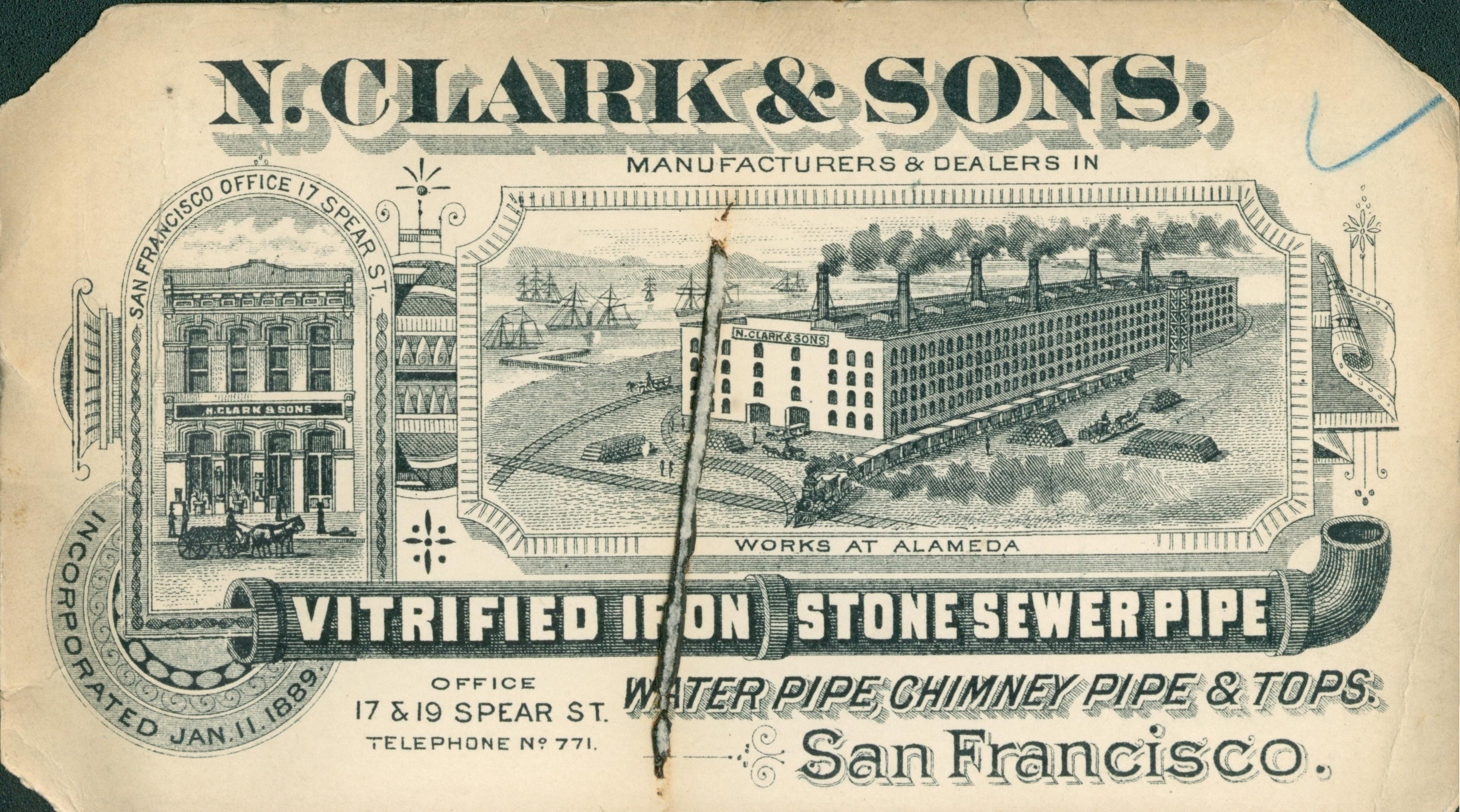 This trade card shows an engraving of the N. Clark & Sons plant in Alameda with the bay in the background.